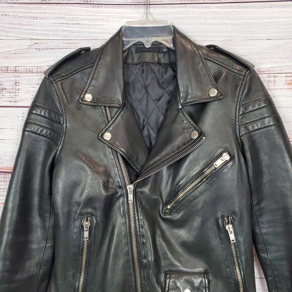 BLK DNM Black Leather Moto Biker Jacket Women's M Zip Bomber Coat Buckle Belted - Picture 4 of 16